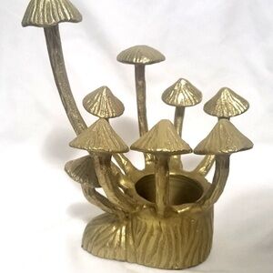 Brass Mushroom Sculpture Candle,Small Plant,Other Holder Gold Tone Hand Crafted
